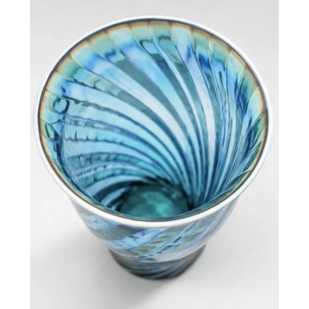 Vintage Fostoria Art Glass Tumbler Set Of 6 Blue/Teal Spiral Signed Hand Blown